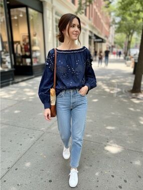 Embellished Navy Long Sleeve Blouse